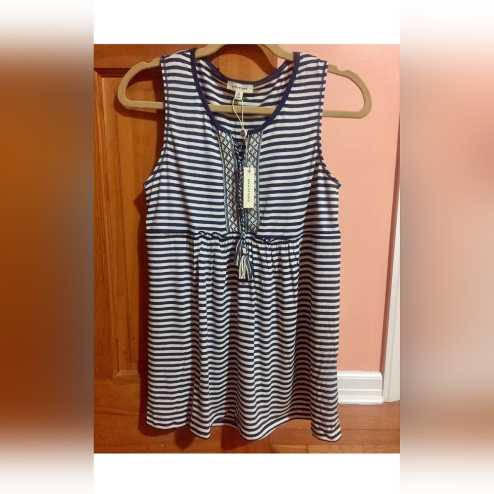 MAX STUDIO SIZE S SMALL BLUE & WHITE TIE FRONT EMPIRE WAIST TOP BLOUSE NWT